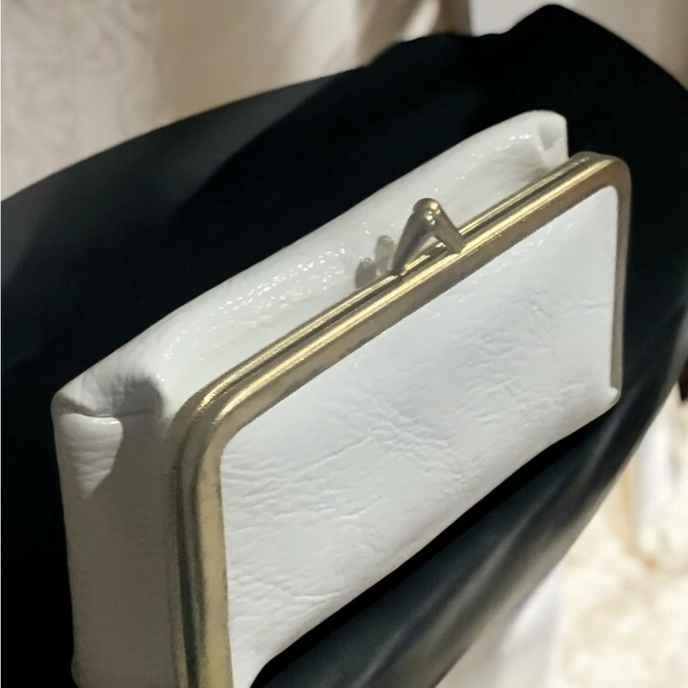 Vintage Made in Hong Kong White Clutch w/ Metal Gold Tone Trim - Picture 2 of 12